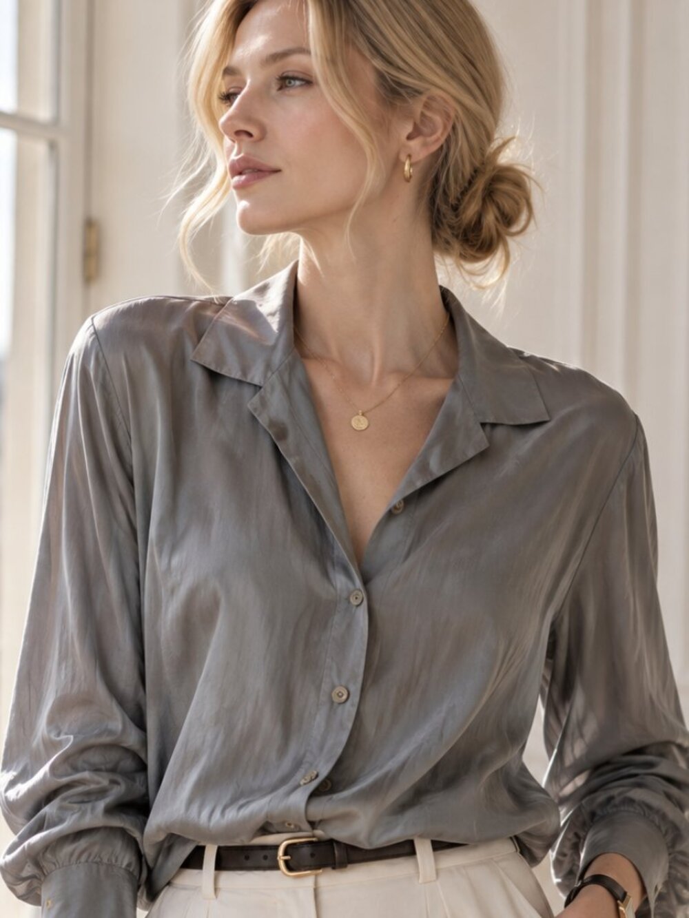 Preview Collection Grey Stretch Silk Button Down Blouse Shirt Womens Size M